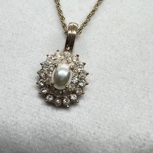 Signed Roman Pendant Necklace Faux Pearl Clear Rhinestone Gold Tone Vintage